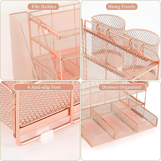 OPNICE Desk Organizers and Accessories, 4-Tier Desktop File Organizer with Drawer and 2 Pen Holders, Office Desk Accessories Workspace Organizers for Office Supplies, Rose Gold