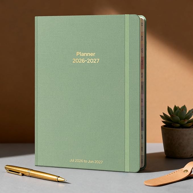 Planner 2026-2027 Monthly and Weekly Academic Planner July 2026 - June 2027, Linen Hardcover Agenda 2026-2027 Calendar Daily Planner for Student Teacher with Monthly Tabs, 6" x 8.3", Cream Green