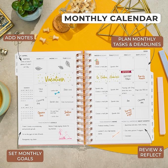 Clever Fox Dated Planner with Tabs 2026 – Weekly & Monthly Spiral Planner with Habit Tracker for Goal Setting & Time Management (Rose Gold)