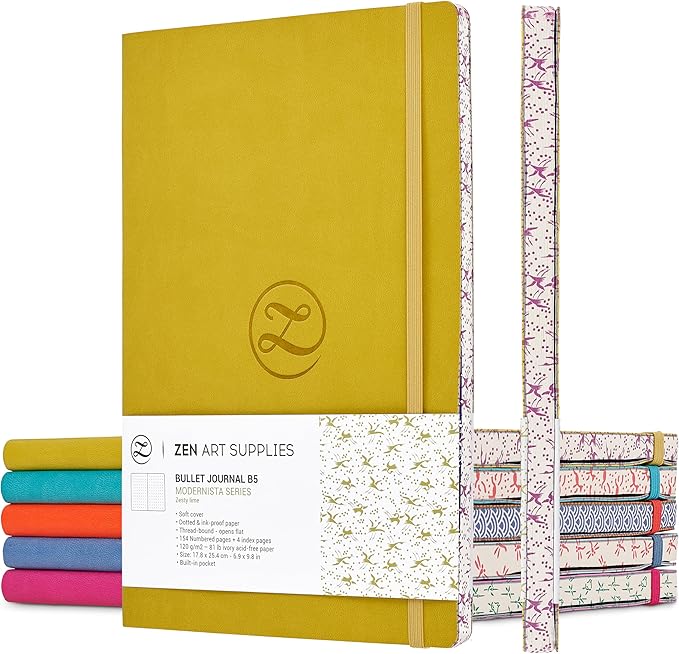 Lay Flat Large B5 Dotted Journal - Enjoy Bullet Journaling with a Soft Cover 7x10-inch, Non-Bleed Thick 120gsm Paper, Dot Journal in Yellow, Japanese Edge Motif - Faux Leather Dot Notebook ZenART