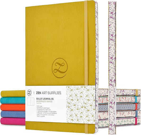 Lay Flat Large B5 Dotted Journal - Enjoy Bullet Journaling with a Soft Cover 7x10-inch, Non-Bleed Thick 120gsm Paper, Dot Journal in Yellow, Japanese Edge Motif - Faux Leather Dot Notebook ZenART