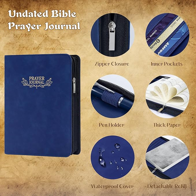 Ospelelf Prayer Journal Tracker Leather Christian Bible Zippered Notebook Daily Devotional Scripture Study Planner Gifts for Jesus Faith Believers Women Men Undated 3 Months Dark Bue