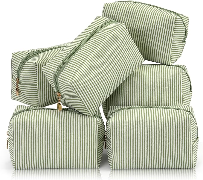 Makeup Bag Set for Women, 6PCS Travel Cosmetic Bags Pencil Case, Striped Seersucker Toiletry Organizer Pouches, Cute Makeup Pouch for Purse, Accessories and Gifts, Green