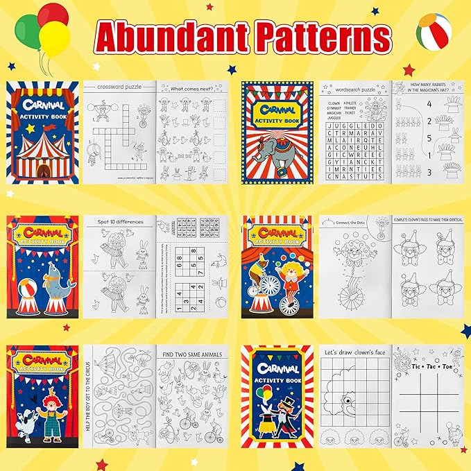 JAPBOR Carnival Activity Coloring Books - 24PCS Mini Circus Carnivals Activities Color Books Bulk for Kids Party Favors, Showman Themed Small Colouring Pages for Birthday Class Drawing Painting Game