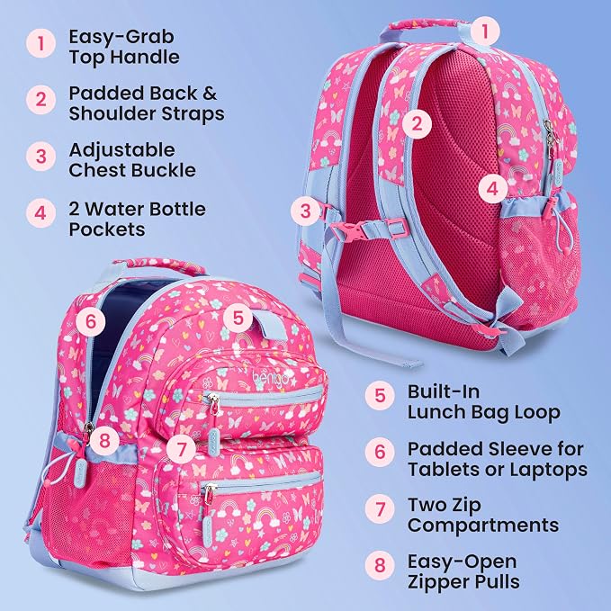 Bentgo Kids Backpack - Lightweight 14” Backpack in Fun Prints for School, Travel, & Daycare, Ideal for Ages 4+, Roomy Interior, Durable & Water-Resistant Fabric, & Loop for Lunch Bag (Rainbows)