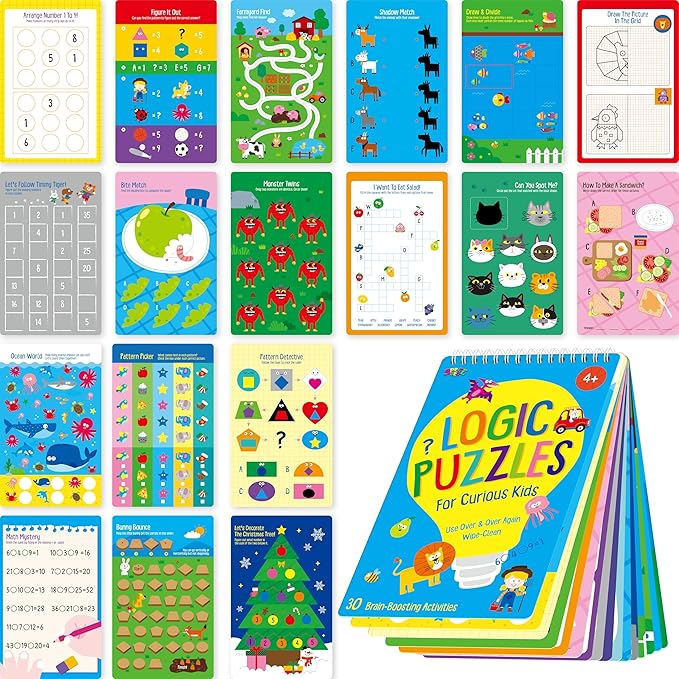 SpriteGru Logic Puzzles Game Pad, 30 Reusable & Erasable Logical Thinking Games, Dry Erase Brain-Boosting Puzzle Activities Book for Kids, Educational Toy for Road Trip, Airplane & Car Travel