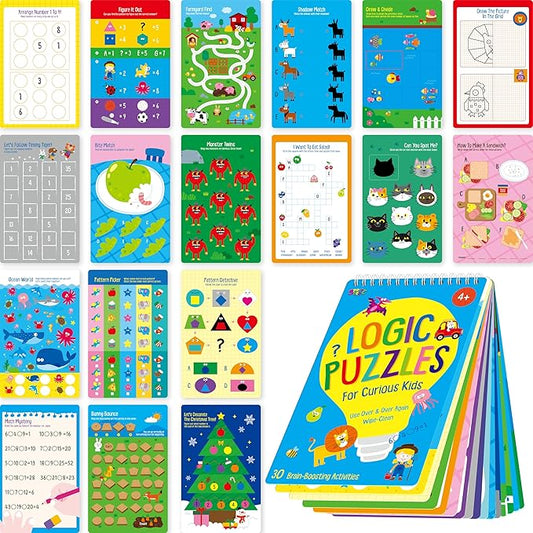 SpriteGru Logic Puzzles Game Pad, 30 Reusable & Erasable Logical Thinking Games, Dry Erase Brain-Boosting Puzzle Activities Book for Kids, Educational Toy for Road Trip, Airplane & Car Travel