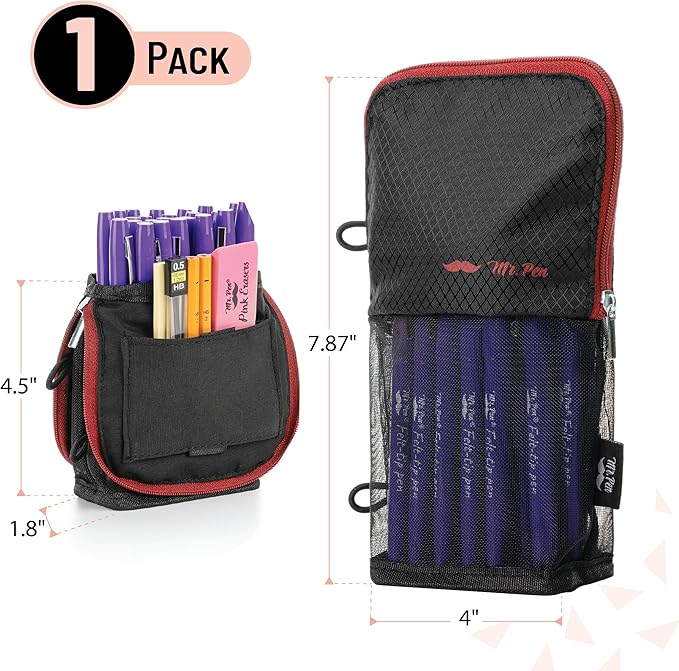 Mr. Pen- Standing Pencil Case Pouch, Sit & Lay Mesh-View Design, Black with Red Zipper, Interior Pocket & 2 Elastic Binder Loops, Cute Pencil Case for Girls and Boys