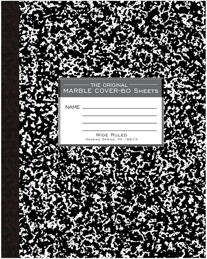 ROARING SPRING Flexible Cover Composition Notebook, 72 Books, Black Marble, Wide Ruled w/Margin, 60 Sheets (120 Pages), 9.75" × 7.75", Center-Sewn, Made in USA