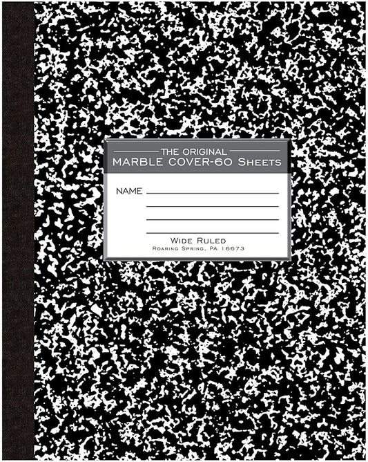 ROARING SPRING Flexible Cover Composition Notebook, Black Marble, Wide Ruled w/Margin, 60 Sheets (120 Pages), 9.75" × 7.75", Center-Sewn, Made in USA