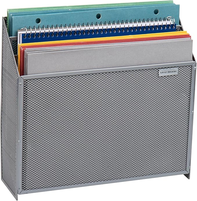 Mind Reader Vertical File Storage, Desktop Organizer, Wall Mount, Office, Metal Mesh, 12.5" L x 3.75" W x 11.5" H, Silver (Pack of 4)