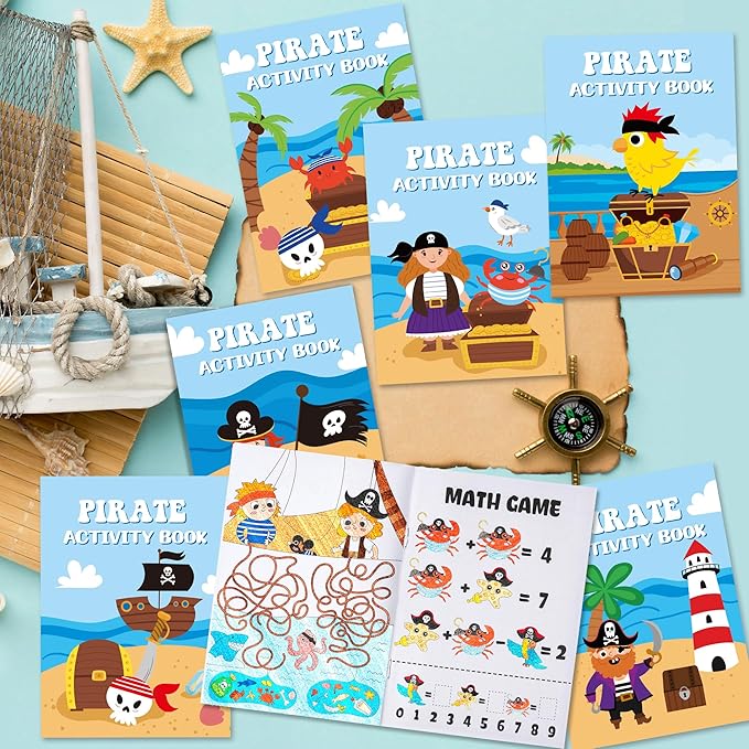 JAPBOR Pirate Activity Coloring Books - 48PCS Mini Pirates Activities Colouring Book Bulk for Kid Party Favor, Summer Nautical Theme Drawing Booklet Goodie Bag Filler, Birthday Class Painting Game