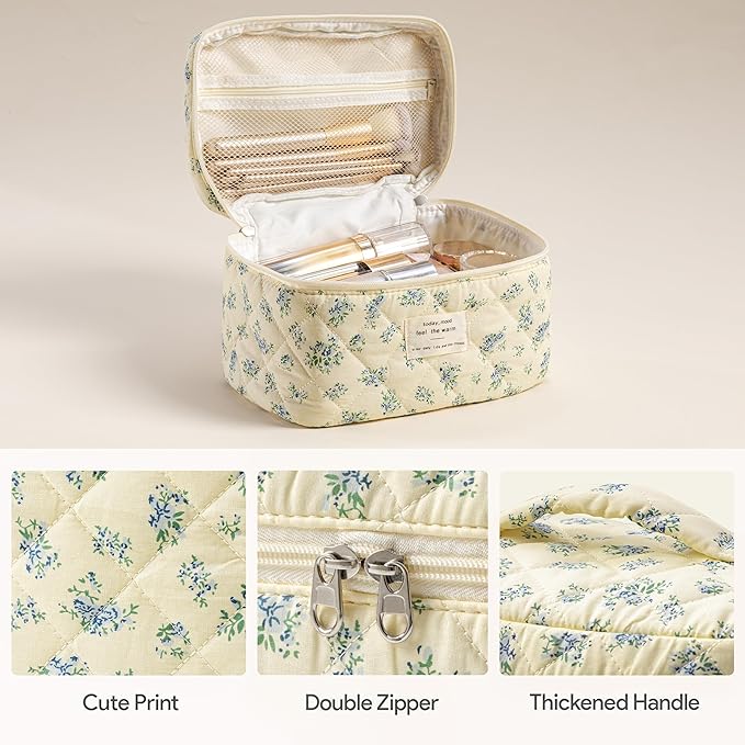 HBselect Quilted Makeup Bag, 3Pcs Cotton Large Travel Makeup Bags Organizer | Cute Floral Make up Bag Cosmetic Bag Toiletry Bag for Women Girls, Makeup Pouch for Skincare, Brushes & Travel Essentials