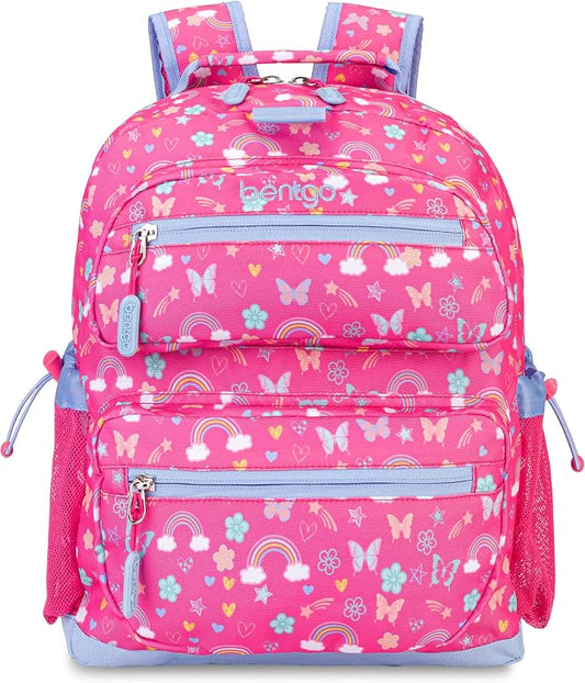 Bentgo Kids Backpack - Lightweight 14” Backpack in Fun Prints for School, Travel, & Daycare, Ideal for Ages 4+, Roomy Interior, Durable & Water-Resistant Fabric, & Loop for Lunch Bag (Rainbows)