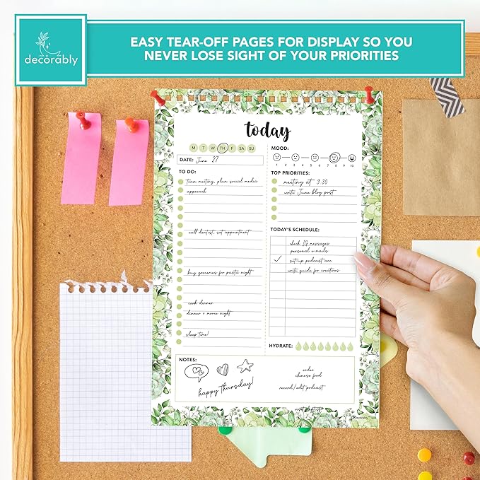 Decorably 52 Sheets Greenery Undated Daily to Do List Notepad with Water Tracker, 6.5x10" Spring-Bound Planner Pad, Easy Tear-Off Design, with Focus, Priorities, Habits, Notes & Doodles - Home, School
