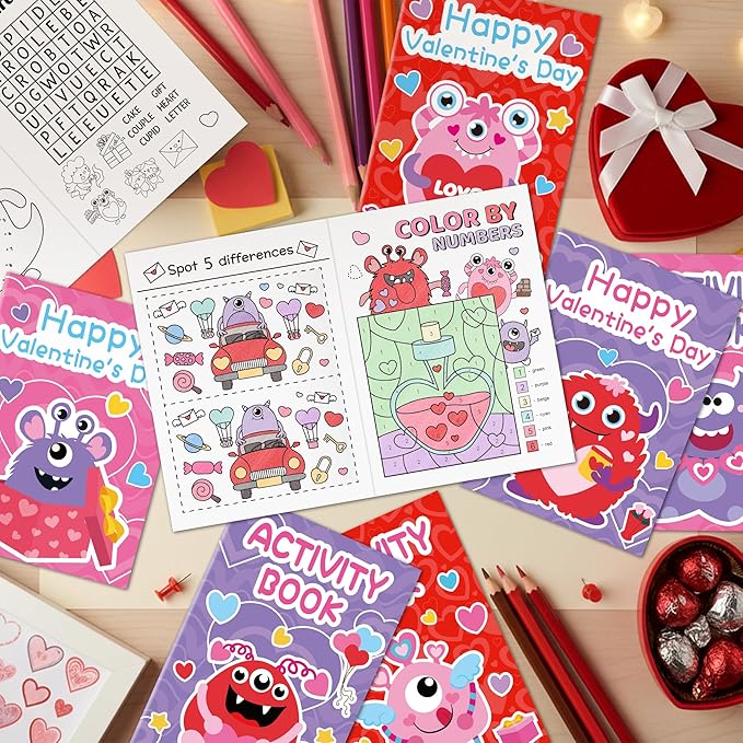 JAPBOR Valentine's Day Activity Coloring Book - 24PCS Mini Valentine Monster Activities Color Books Bulk for Kid Party Favor, Monsters Small Colouring Pages for Birthday Gifts Class Draw Paint Games