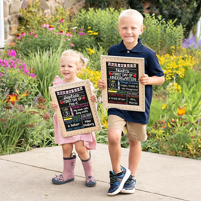 Bloom Owl First Day of School Chalkboard Sign - 11.5"x15" Reusable Back to School Photo Prop with Wooden Ruler Frame for Preschool, Kindergarten, and Beyond