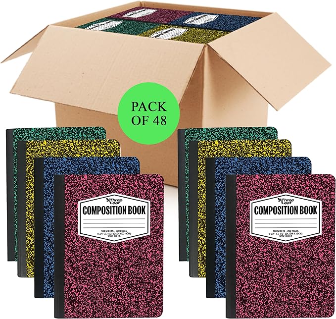three leaf 100 SHEETS WIDE RULED 9-3/4" x 7-1/2" COLOR COMPOSITION NOTEBOOK, PACK OF 48, WRITING JOURNAL NOTEBOOK, HOME SCHOOL SUPPLIES FOR COLLEGE STUDENTS.