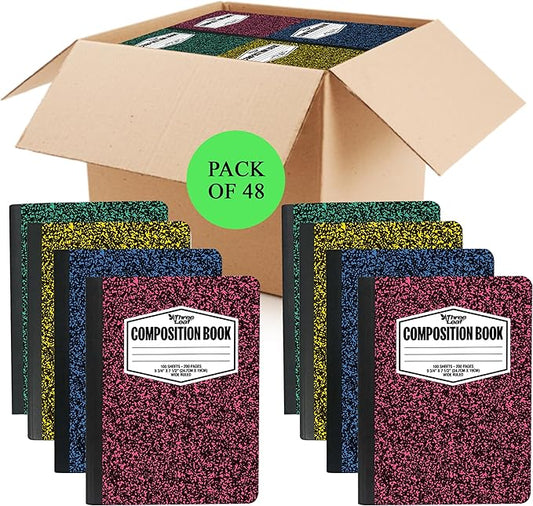 three leaf 100 SHEETS WIDE RULED 9-3/4" x 7-1/2" COLOR COMPOSITION NOTEBOOK, PACK OF 48, WRITING JOURNAL NOTEBOOK, HOME SCHOOL SUPPLIES FOR COLLEGE STUDENTS.