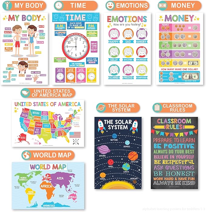 Hadley Designs 16 Educational Posters for Classroom Must Haves - Laminated Pre-K Posters for Toddler Homeschool Essentials, Toddler & Preschool Learning Activities, Kindergarten Classroom Decor