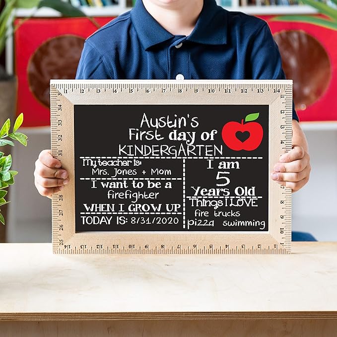 First Day of School Sign (15"x11.5"), Real Wooden Ruler Frame, Reusable Chalkboard- Easy-to-Clean, Handmade in USA by Bloom Owl, Perfect for Back to School, First Day of Kindergarten or Preschool