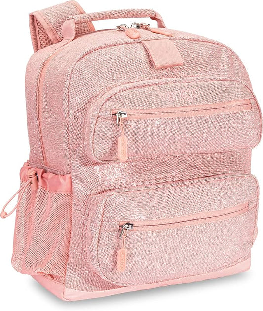 Bentgo Kids Glitter Backpack - Lightweight 14” Backpack for School, Travel & Daycare, Ideal for Ages 4+, Durable & Water-Resistant, Roomy Interior, & Loop for Lunch Bag (Glitter Edition - Petal Pink)