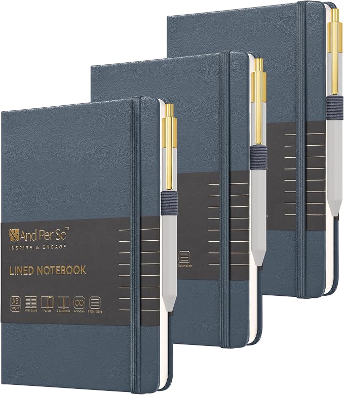 &And Per Se Lined Journal and Pen Set (3 Packs), A5 Leather Hardcover Notebook with Pen & Stationary Set, 160 Pages 100GSM Thick Ruled Paper Journal for Business Work Writing (Dark Blue)