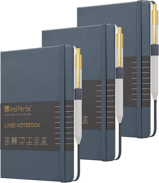 &And Per Se Lined Journal and Pen Set (3 Packs), A5 Leather Hardcover Notebook with Pen & Stationary Set, 160 Pages 100GSM Thick Ruled Paper Journal for Business Work Writing (Dark Blue)