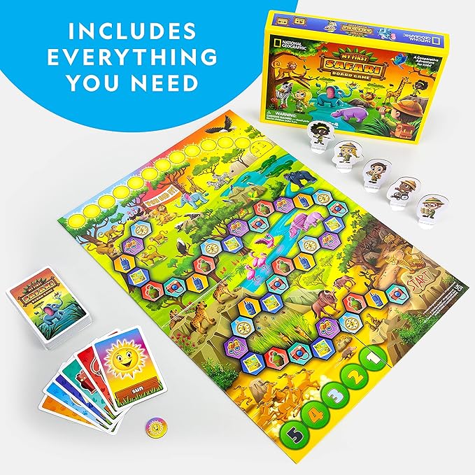 NATIONAL GEOGRAPHIC My First Safari Board Game for Kids 4-6 Animal Game for Adults, Cooperative Fun Perfect for Family Game Night, Board Games for Family Night