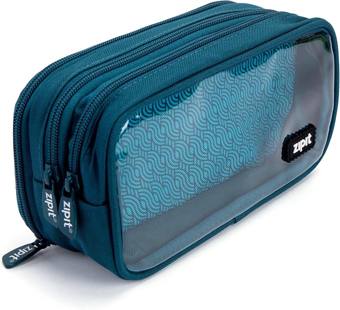 ZIPIT Half & Half Pencil Case, 3-Compartment Aesthetic Zipper Pouch, Teal | Clear-front pencil case for school, dedicated organizer panels, holds up to 70 pens & pencils, durable easy-care polyester