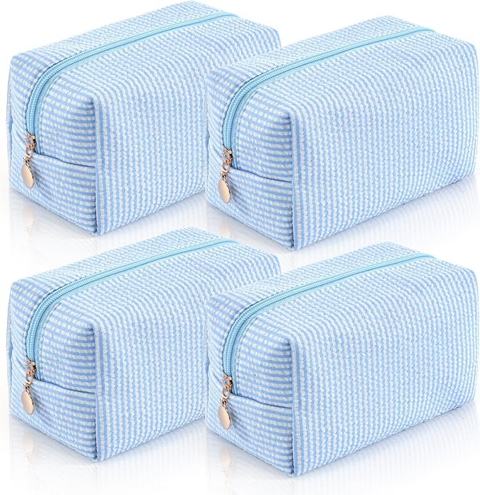 4PCS Makeup Bag Travel Toiletry Bag for Women, Small Cosmetic Bags Cute Blue Stripe Aesthetic Organizer Makeup Pouch for Purse Emergency Bag Pencil Case Accessory Bag