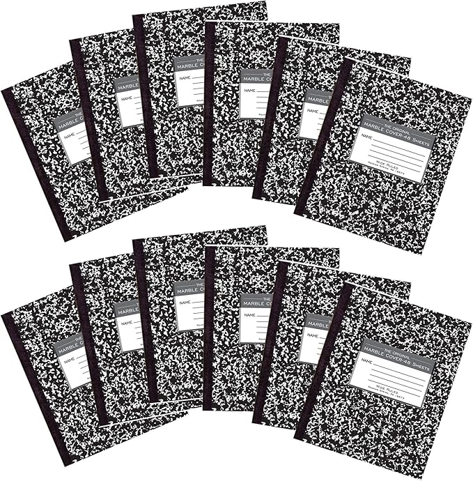 ROARING SPRING Flexible Cover Composition Notebook, 12 Books, Black Marble, Wide Ruled w/Margin, 48 Sheets (96 Pages), 8.5" × 7", Center-Sewn, Made in USA