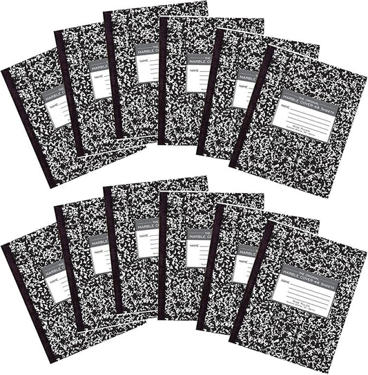 ROARING SPRING Flexible Cover Composition Notebook, 12 Books, Black Marble, Wide Ruled w/Margin, 48 Sheets (96 Pages), 8.5" × 7", Center-Sewn, Made in USA