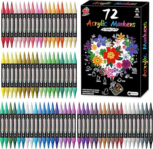 TBC The Best Crafts 72 Colors Dual Tip Acrylic Paint Markers,Waterproof, Non-Toxic, odorless, Suitable for Paper, Pottery, Stones, Backpacks, Glass