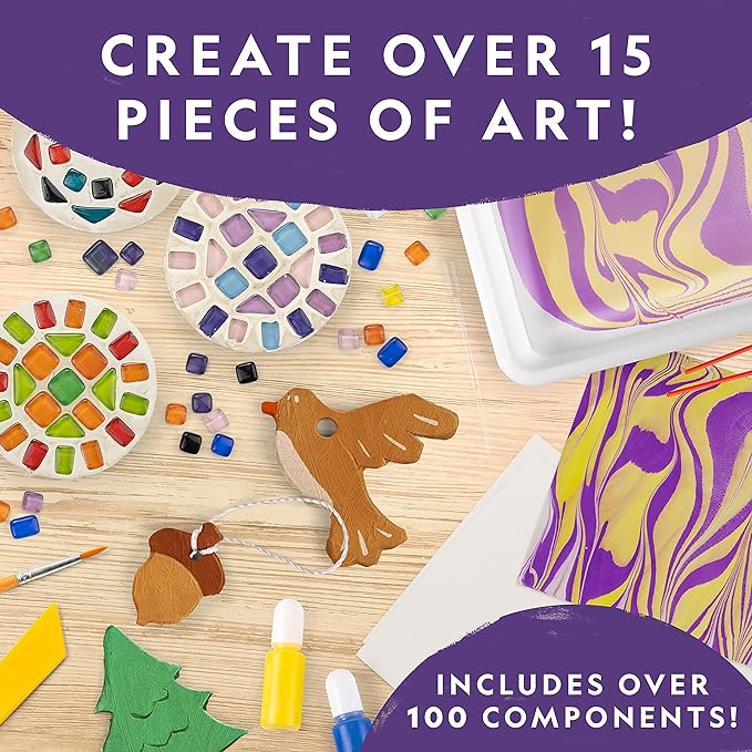 NATIONAL GEOGRAPHIC Mega Arts and Crafts Kit for Kids – Mosaic Kit, Marbling Paint Kit & Air Dry Clay Pottery Kit – Art Projects for Kids Ages 8-12, Crafts for Girls and Boys (Amazon Exclusive)