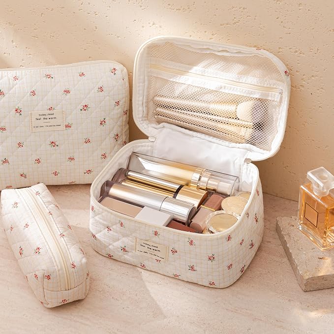 HBselect Quilted Makeup Bag, 3Pcs Cotton Large Travel Makeup Bags Organizer | Cute Floral Make up Bag Cosmetic Bag Toiletry Bag for Women Girls, Makeup Pouch for Skincare, Brushes & Travel Essentials