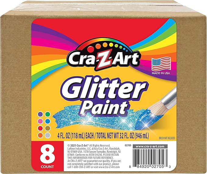 Cra-Z-Art Washable Glitter Paint Bulk Pack 8ct, Assorted Colors 4oz each bottle