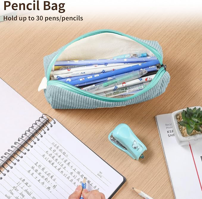 Pencil Bag Pen Case, Soft Corduroy Small Pencil Pouch Organizer with Zipper, Cute Pencil Case Pouch Stationery for Girls and Boys – Light Blue