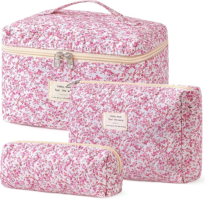 HBselect Quilted Makeup Bag, 3Pcs Cotton Large Travel Makeup Bags Organizer | Cute Floral Make up Bag Cosmetic Bag Toiletry Bag for Women Girls, Makeup Pouch for Skincare, Brushes & Travel Essentials
