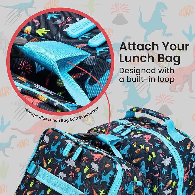 Bentgo Kids Backpack - Lightweight 14” Backpack in Fun Prints for School, Travel, & Daycare, Ideal for Ages 4+, Roomy Interior, Durable & Water-Resistant Fabric, & Loop for Lunch Bag (Dinosaur)