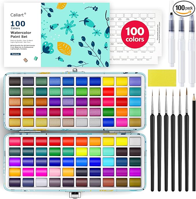 Caliart Watercolor Paint Set, 100 Colors Portable Water Color Palette Kit with Detail Paint Brush, Art Supplies Watercolor Painting Kit Coloring Gifts for Adults Beginners Professional Artists