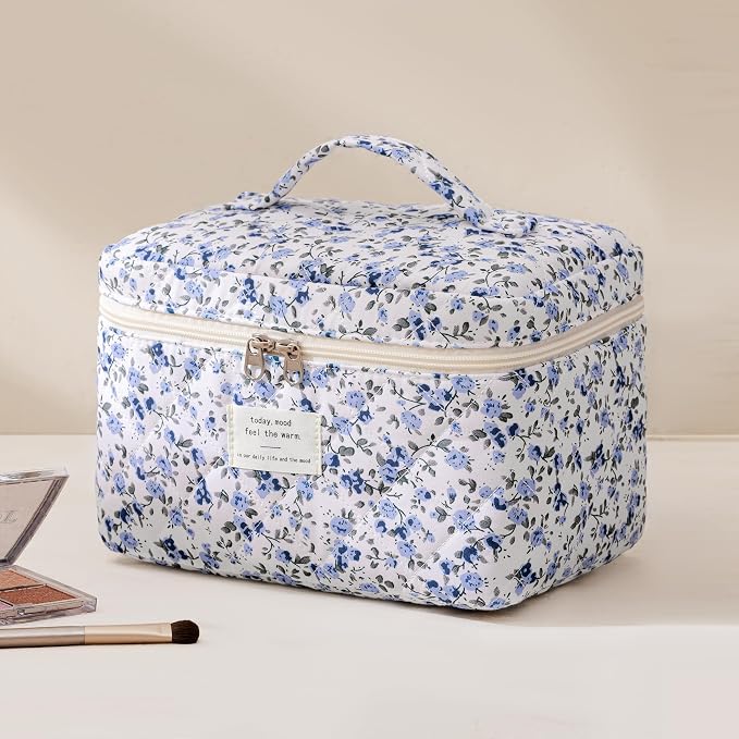 HBselect Quilted Makeup Bag, 3Pcs Cotton Large Travel Makeup Bags Organizer | Cute Floral Make up Bag Cosmetic Bag Toiletry Bag for Women Girls, Makeup Pouch for Skincare, Brushes & Travel Essentials