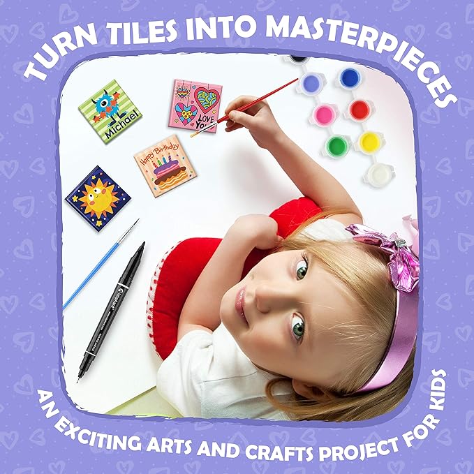 Magnetic Mini Tile Art - DIY Craft Kit; Design and Paint Magnet Tiles - Kids Paint Arts & Crafts Project; Includes 12 Tile Magnets, 8 Paint Colors, 2 Brushes and Marker; Fun Ceramic Tile Painting Kit