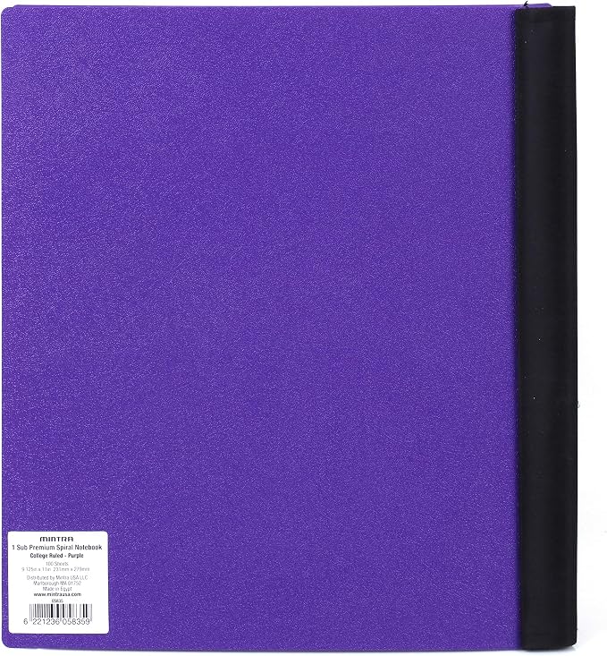Mintra Office Durable PREMIUM Spiral Notebook, ((Purple, 1 Subject, 8.5in x 11in)), Fabric Covered Coils, No Snags, Removable Adjustable Pocket Dividers, Ruler, Organization, Customizable
