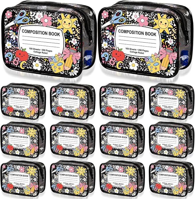 Suclain 12 Pcs Back to School Teacher Gift, Teacher Survival Kit Bag, Cute Composition Book Zipper Cosmetic Pouches, Transparent PVC Pencil Case Waterproof Toiletry Makeup Bag for School Supplies