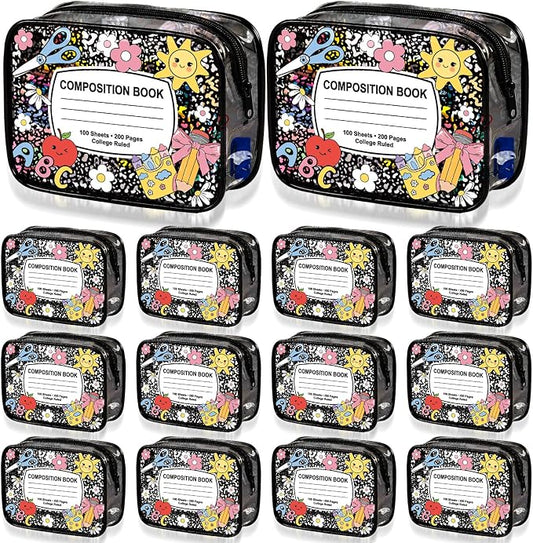 Suclain 12 Pcs Back to School Teacher Gift, Teacher Survival Kit Bag, Cute Composition Book Zipper Cosmetic Pouches, Transparent PVC Pencil Case Waterproof Toiletry Makeup Bag for School Supplies