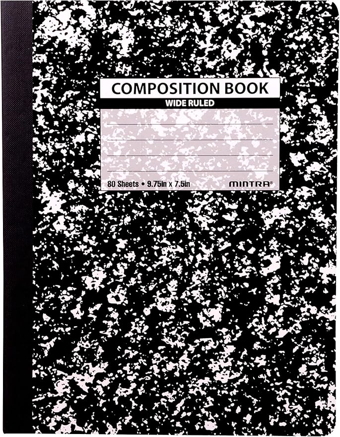 Mintra Office Composition Books - Sturdy Flexible Cover (4 Pack, Black Marble Comp - Wide Ruled)