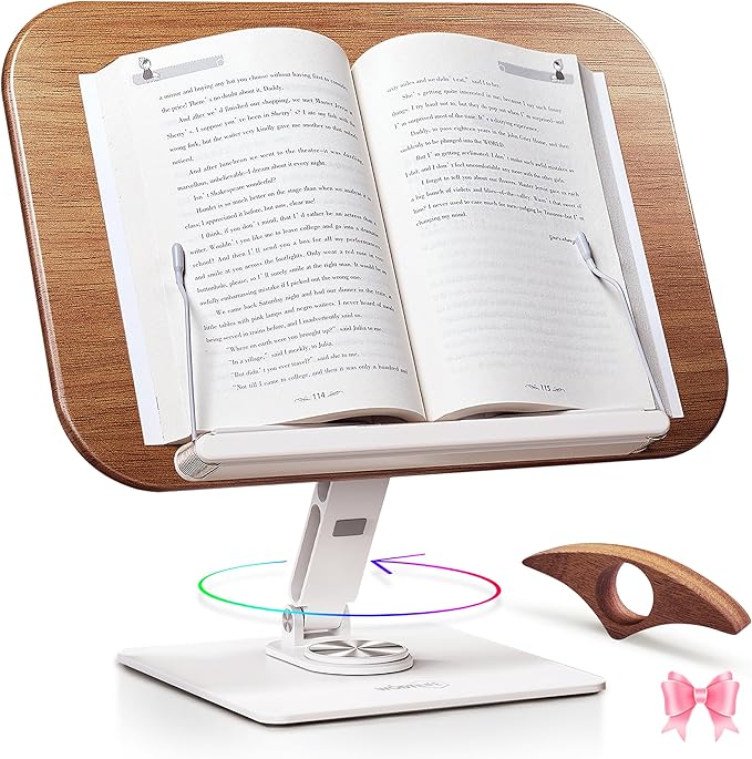 Book Stand for Reading, Adjustable Ergonomic Book Holder with 360° Rotating Base, Rubberwood Panel Cookbook Stand, Elastic Clips, for Laptop Textbooks Sheet Music Recipe Magazines Tablets.