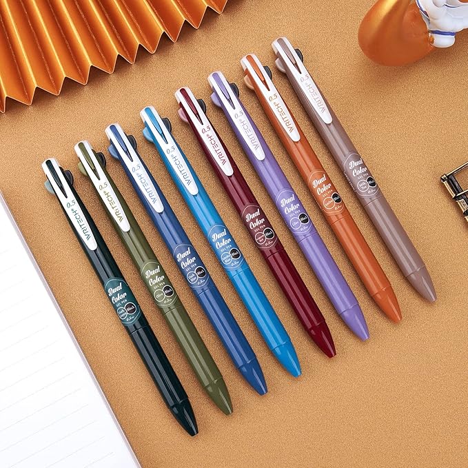 WRITECH Retractable Gel Ink Pens: Multi Colored 2 in 1 Colorful Click Pens Assorted Color 8ct Extra Fine Point Tip 0.5mm Journaling Smooth Writing Note Taking Coloring No Bleed & Smear & Smudge