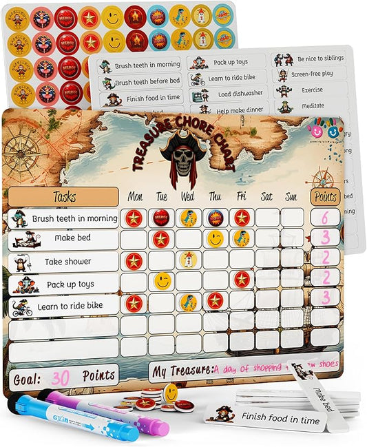 Mimi Doodle Magnetic Chore Chart for Kids – 16x12 Dry Erase Daily Responsibility Board for Fridge with 39 Chore tabs, 100 Reward Stickers – Behavior Chart for Kids at Home – Pirate Theme
